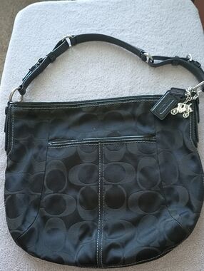 COACH Black Signature Jacquard Shoulder Bag Tote - Leather Trim Charm